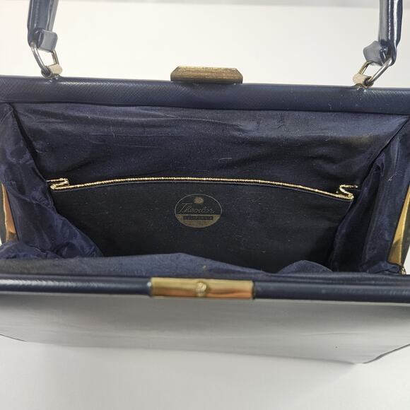 1950s Theodor California Blue Patent Leather Top Handle Handbag Clutch Retro - Picture 6 of 13